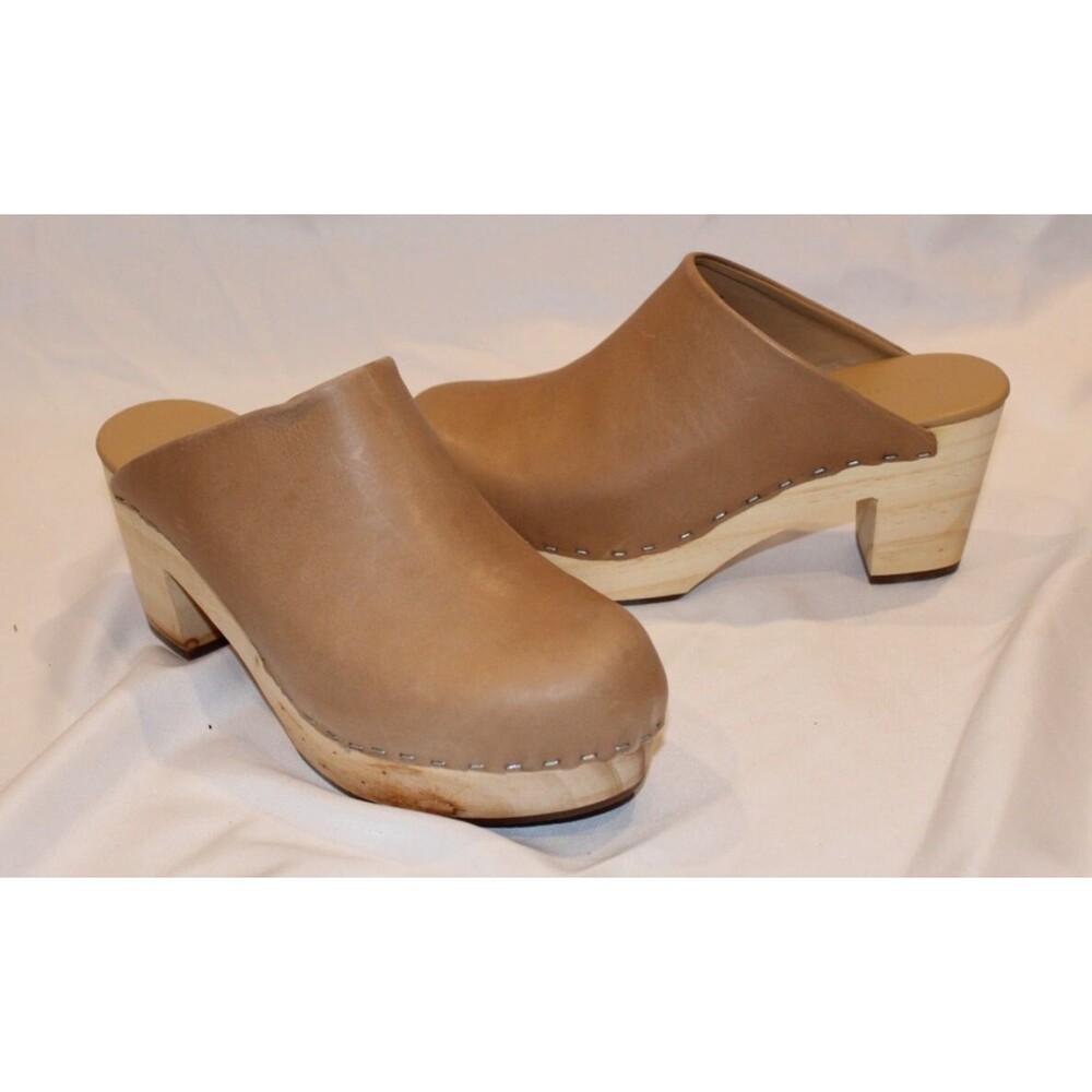 Nisolo Leather Closed Toe Slip On Wooden All Day Mule Heeled Clogs ALMOND‎ - Picture 4 of 7